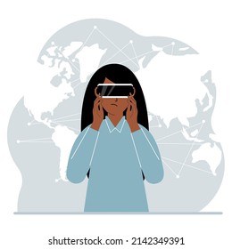 The concept of augmented or extended reality. Woman wearing 3D glasses or virtual reality headset. On the background of the world map. Vector flat illustration