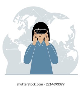 The concept of augmented or extended reality. Woman wearing 3D glasses or virtual reality headset. On the background of the world map.