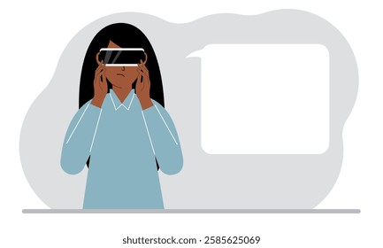 The concept of augmented or extended reality. Woman wearing 3D glasses or virtual reality headset. On the background of the world map. Vector flat illustration