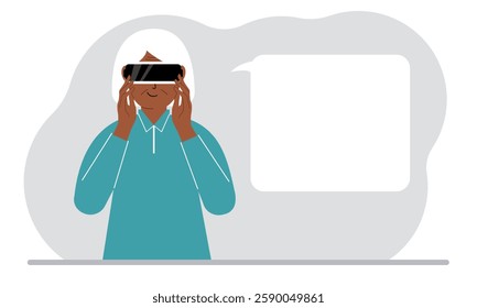 The concept of augmented or extended reality. Woman wearing 3D glasses or virtual reality headset. On the background of the world map. Vector flat illustration