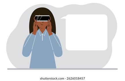 The concept of augmented or extended reality. Woman wearing 3D glasses or virtual reality headset. On the background of the world map. Vector flat illustration