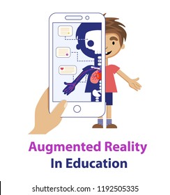 Concept of the augmented reality educational app for children with human anatomy. Hand holding the phone with look like x-ray image of human body and text notes.