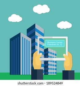 Concept of augmented reality with hands and tablet in flat style
