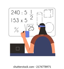The concept of augmented reality. A man in arched glasses sits at a table and solves a problem. Vector illustration in flat style