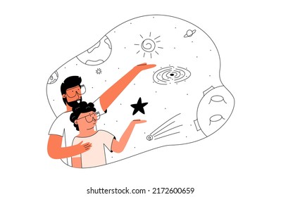 Concepto de realidad aumentada, metaverso. Padre e hijo exploran el universo con gafas de AR. Ilustración vectorial en un estilo plano.