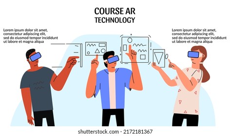 The concept of augmented reality. People wearing virtual reality glasses. Teamwork using VR technologies. Vector illustration in a flat style. Banner, landing page, website template design.