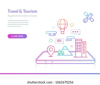 The concept of augmented reality in travel and tourism with hotels, landmarks and air balloons out of mobile phones. Thick line with colorful gradient style vector illustrations.
