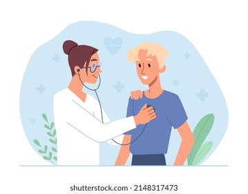 Concept of auscultation. Doctor with stethoscope checks heart of young guy, regular checks and health care. Procedures in laboratory, examination, treatment. Cartoon flat vector illustration