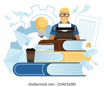 Concept of the author of the book. A man sitting at a typewriter writes a book. Concentration and brainstorming. Isolated vector illustration in cartoon style.