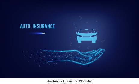 Concept auto insurance. Car in the palm of your hand from triangles and luminous points on dark blue background. Polygonal illustration.