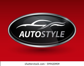 Concept Auto Vehicle Dealership Logo Design Of Black And Silver Chrome Badge Icon On Red Background With White And Grey Abstract Sports Car Silhouette. Vector Illustration.