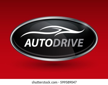 Concept auto vehicle dealership logo design of black and silver chrome badge icon on red background with white abstract sports car silhouette. Vector illustration.