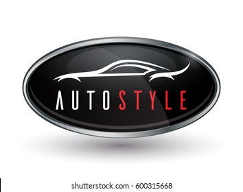 Concept Auto Vehicle Dealership Logo Design Of Black And Silver Chrome Badge Icon Isolated On White Background With A White Abstract Sports Car Silhouette. Vector Illustration.