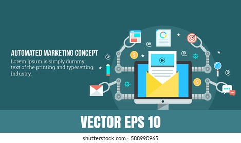 A Concept For Automated Marketing, Digital Marketing Automation Flat Vector Illustration With Email, Search And Chat Icons