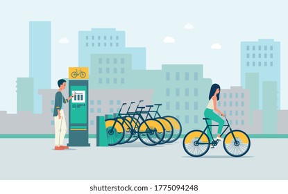 Concept of an automated system for public urban Bicycle rental. A man and a woman pay for rent and ride bicycles. Vector flat illustration.