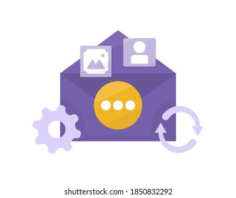 the concept of automatic data synchronization or email. message attachments. symbol illustration for letter, envelope, gear, picture, account, and refresh. flat style. design element and icon