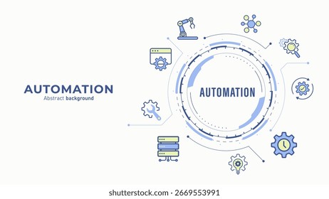 Concepto de software de automatización e IOT. Icono de automatización con marco HUD futurista. Fondo de Tecnología e innovación de IA. Mejora de la productividad y mejoras. Diseño plano. Ilustración vectorial.
