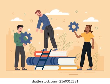 Concept of automation. Men and girls with gears working on project. Modern technologies and innovations, company development. Hardworking technical support staff. Cartoon flat vector illustration