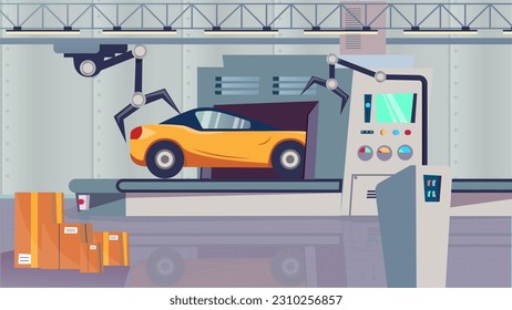Concept Automobile plant. A flat, cartoon-style design background featuring an automobile plant. Vector illustration.