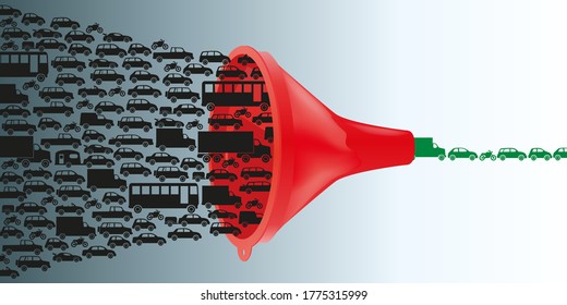 Concept of automobile pollution with road traffic which, when passing through a funnel, sees traffic jams disappear.