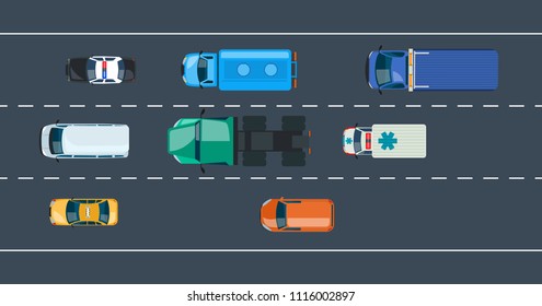 Concept of automobile traffic around the city and highway, motorway. Multi-lane road with one-way urban traffic. Different types of cars and public transport, car fleet. Vector illustration.