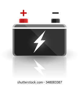 Concept automotive 12 volt car battery design on white background. Vector illustration.