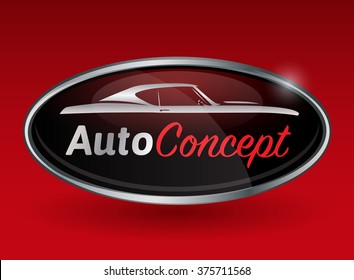 Concept Automotive Logo Design With Chrome Badge Of Sports Muscle Car Silhouette On Red Background. Vector Illustration.