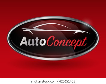 Concept Automotive Logo Design With Chrome Badge Of Sports Car Vehicle Silhouette On Red Background. Vector Illustration.