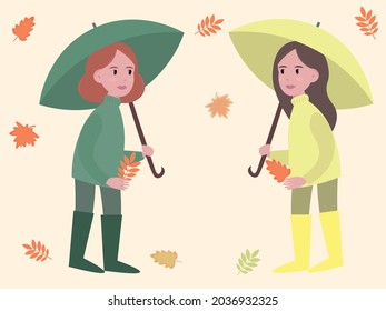 El concepto de otoño. Caída de hojas. Una joven con botas altas de goma y un paraguas sostiene una hoja amarilla caída en su mano. Ilustración vectorial plana