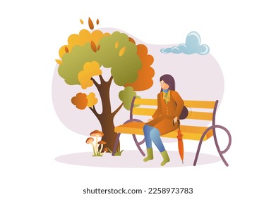 Concept Autumn with people scene in the flat cartoon style. Woman sat down to rest after a walk on a bench in an autumn park. Vector illustration.