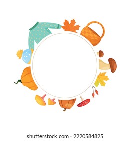 The concept of autumn. Sweater, mushrooms, pumpkin and basket. Vector illustration in cartoon style for printing posters, postcards, invitations