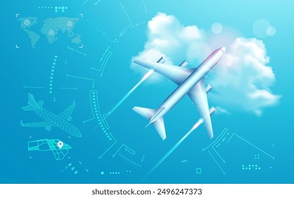 concept of aviation technology or digital twin, graphic of airplane in top view with futuristic interface