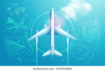 concept of aviation technology or digital twin, graphic of airplane in top view with futuristic interface