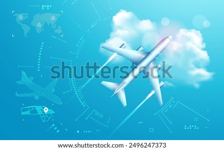 concept of aviation technology or digital twin, graphic of airplane in top view with futuristic interface