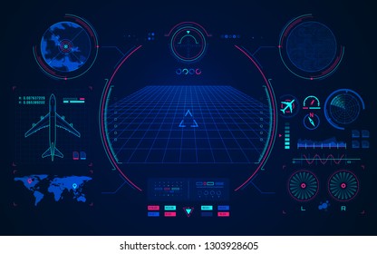 Concept Of Aviation Technology, Graphic Of Airplane Interface With Digital Radar