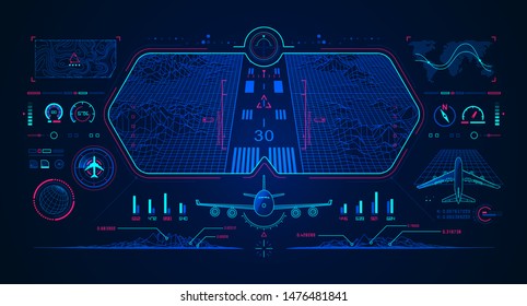 concept of aviation technology, graphic of airplane interface with digital radar