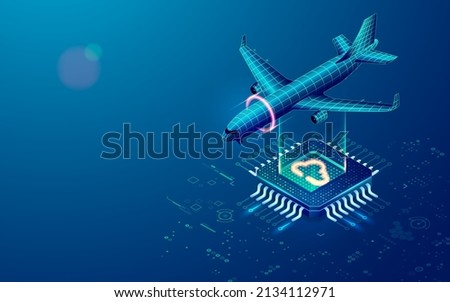 concept of aviation technology, graphic of airplane with microchip and futuristic element