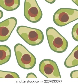
Das Konzept des Avocado in einem Schnitt mit einem Stein ist durch ein nahtloses Muster verbunden. Hintergrund für den Textil- und Vinyldruck. Vektorbild.