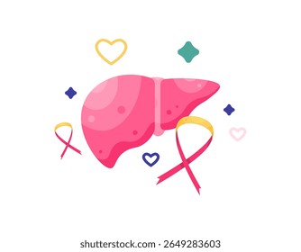 conceito de conscientização e preocupação com a saúde do fígado. ilustração de órgão do fígado com fita vermelha e amarela e símbolo do coração. design de estilo plano. elemento ativo. dia mundial da hepatite