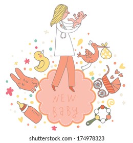 Concept baby card in pink colors with baby, doctor, toys, stork, beanbag, pacifier, rabbit, duck and other children symbols