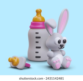 Concept of baby food. Realistic toy rabbit, bottle with baby formula, pacifier