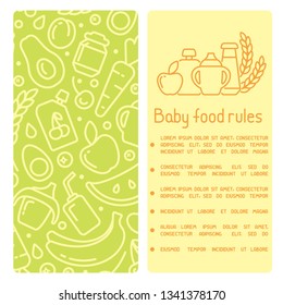 Concept of baby food rules booklet. Line style vector illustration. There is space for your text. Suitable for advertising
