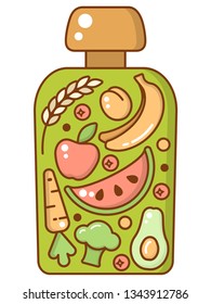 Concept of baby puree composition. Cartoon style vector illustration. Suitable for advertising