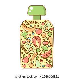 Concept of baby puree composition. Flat style vector illustration. Suitable for advertising