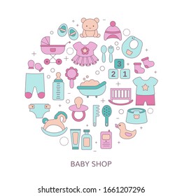 Concept of Baby shop with toys and clothes. Vector illustration.