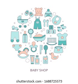 Concept of Baby shop with toys and clothes. Baby boy. Vector illustration.