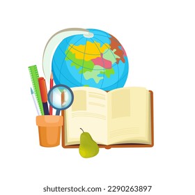 Concept Back to school book with globe pencils. This illustration features the theme of back to school and showcases a globe and several colorful pencils on a white background. Vector illustration.
