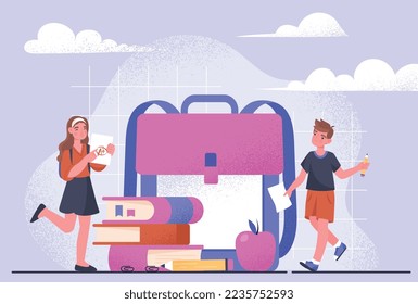 Concept back to school. Boy and girl standing next to big books and briefcase. Gift card for day of knowledge, September 1. Education, training and learning. Cartoon flat vector illustration