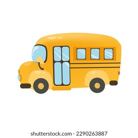 Concept Back to school bus. This illustration depicts a yellow school bus on a white background, designed in a flat and cartoonish style using vector graphics. Vector illustration.