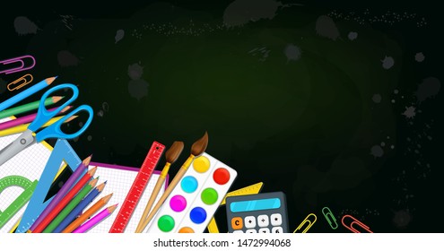 Concept of back to school education design, school supplies on black board background with copy space. Different stationery items, office supplies on a desk. Vector illustration